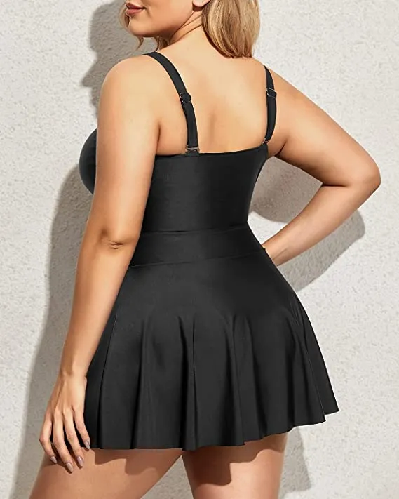 Curvy Black One Piece Cut Out Flared Skirt Swimsuit