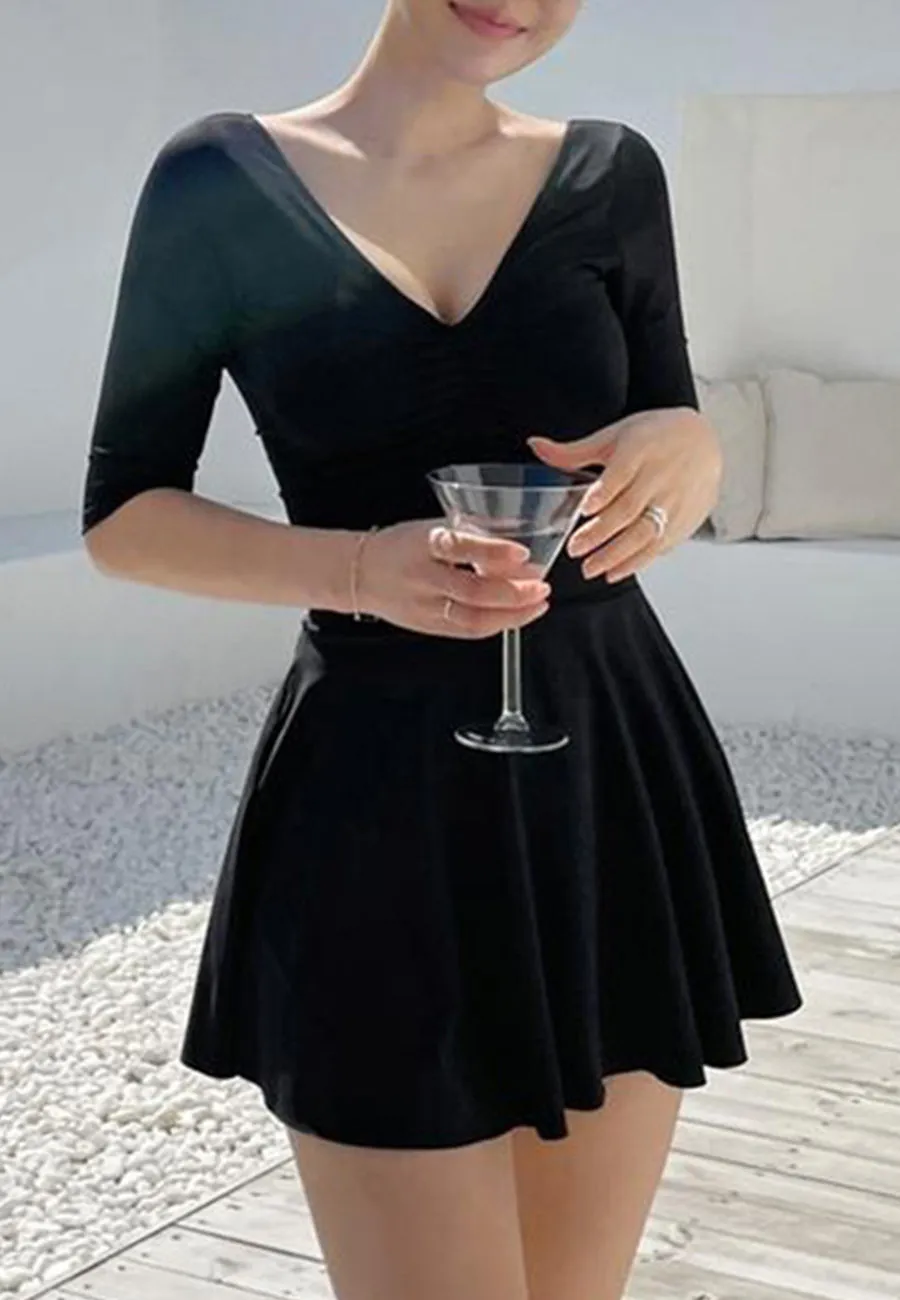Deep V Half Sleeve Circle Dress One-Piece