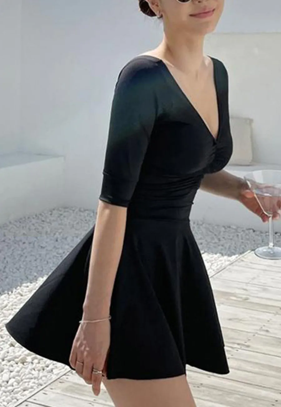 Deep V Half Sleeve Circle Dress One-Piece