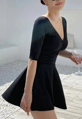 Deep V Half Sleeve Circle Dress One-Piece