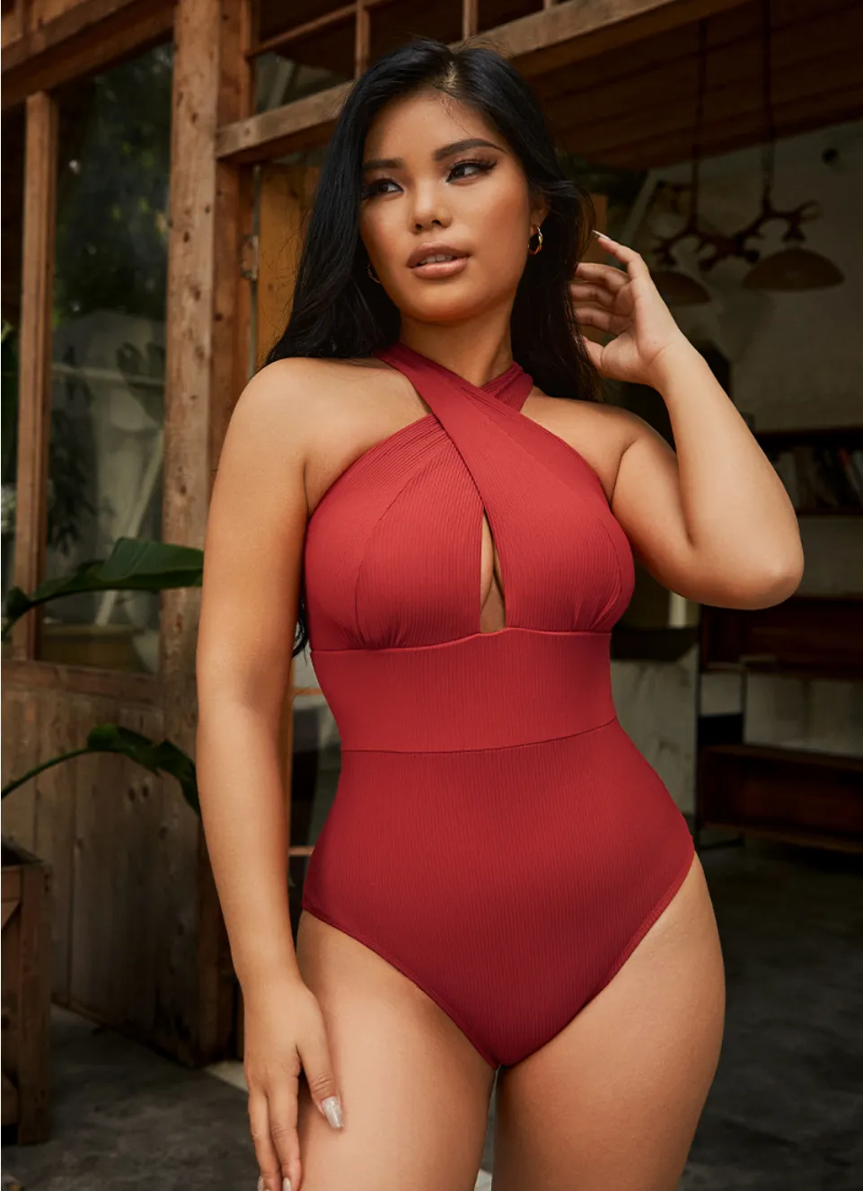 DEEP V RIB ONE PIECE SWIMSUIT