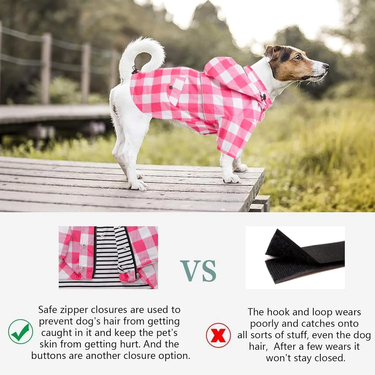 Dog rain Coat Waterproof Raincoat Puppy Jacket with Legs Buttons Zipper Hood Drawstring Fit for Yorkie Terrier Schnauzer Poodle Border Collie Labrador Golden Retriever 8lbs to 80lbs Pink M