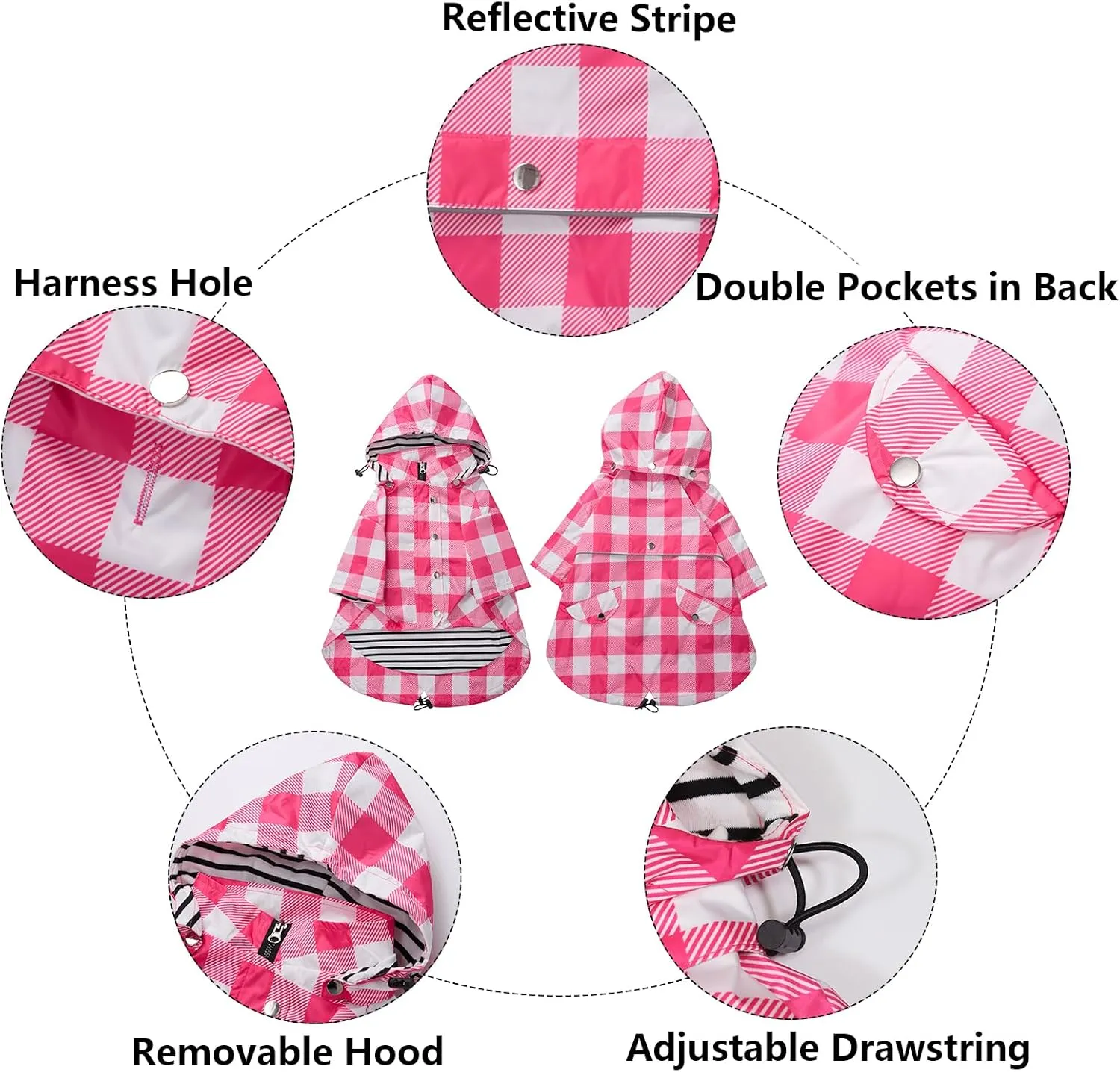 Dog rain Coat Waterproof Raincoat Puppy Jacket with Legs Buttons Zipper Hood Drawstring Fit for Yorkie Terrier Schnauzer Poodle Border Collie Labrador Golden Retriever 8lbs to 80lbs Pink M