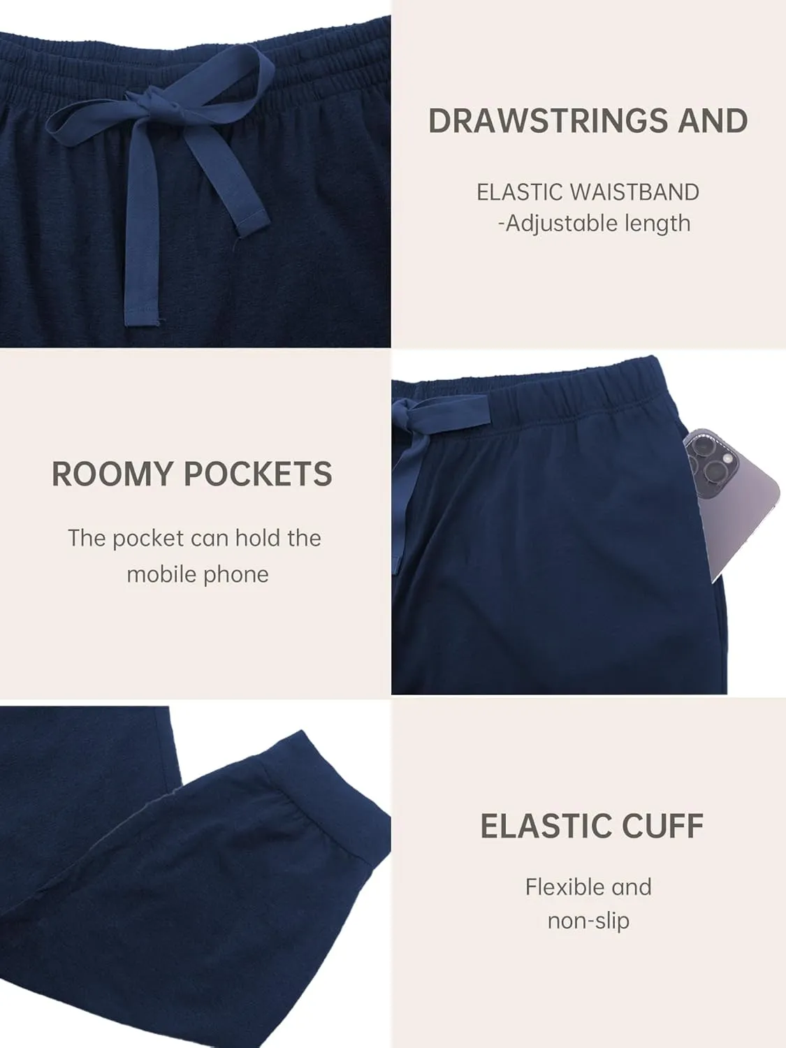 EA'S SECRET Men's 100% Cotton Pajama Bottoms Stretch Waist Soft Drawstring Sleep Lounge Pj Pants with Pockets