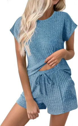 Ekouaer Pajamas Set for Women 2 Piece Pjs Ribbed Knit Lounge Set Cap Sleeve Loungewear Sleepwear S-XXL