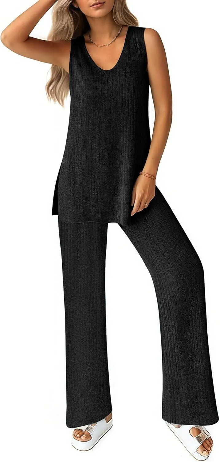Ekouaer Women's 2 Piece Lounge Set 2025 Summer Matching Sets Sleeveless V-neck Tank Top Long Pants Pajamas Knit Outfits