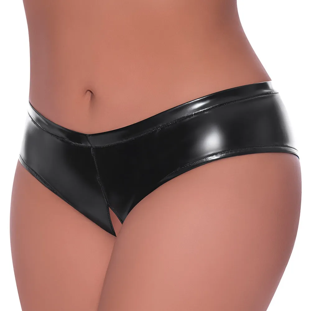 Exposed Wet Look Low Rise Split Crotch Boy Short - Curvy
