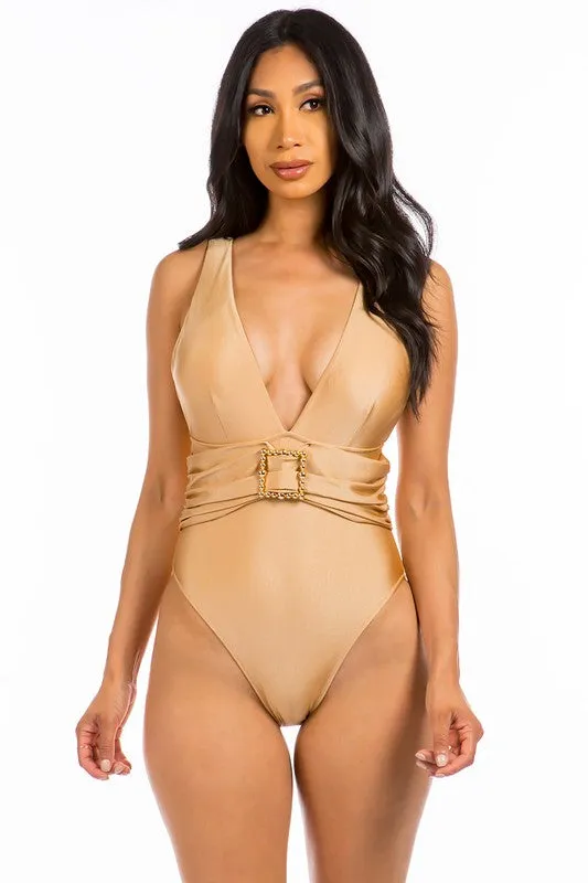 Fancy Square Buckle One Piece Swimsuit
