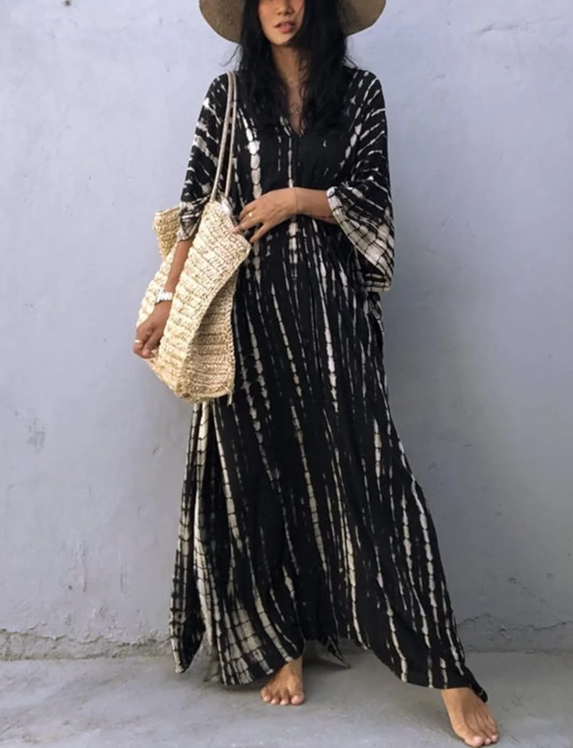 FEOYA Women's Bohemian Swim Cover Ups Printed V-Neck Pullover Kaftan Dress Swimsuit with Slit