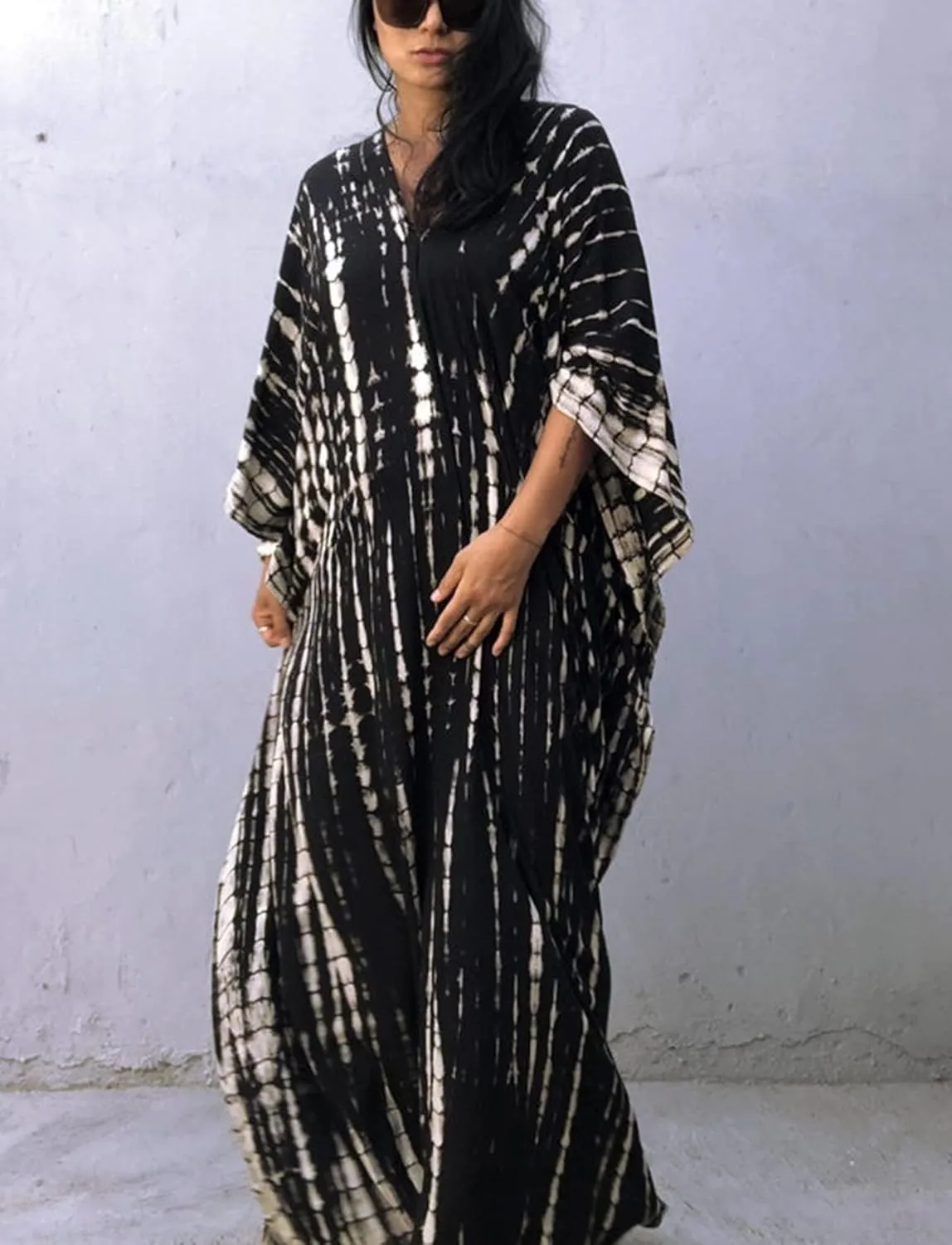 FEOYA Women's Bohemian Swim Cover Ups Printed V-Neck Pullover Kaftan Dress Swimsuit with Slit
