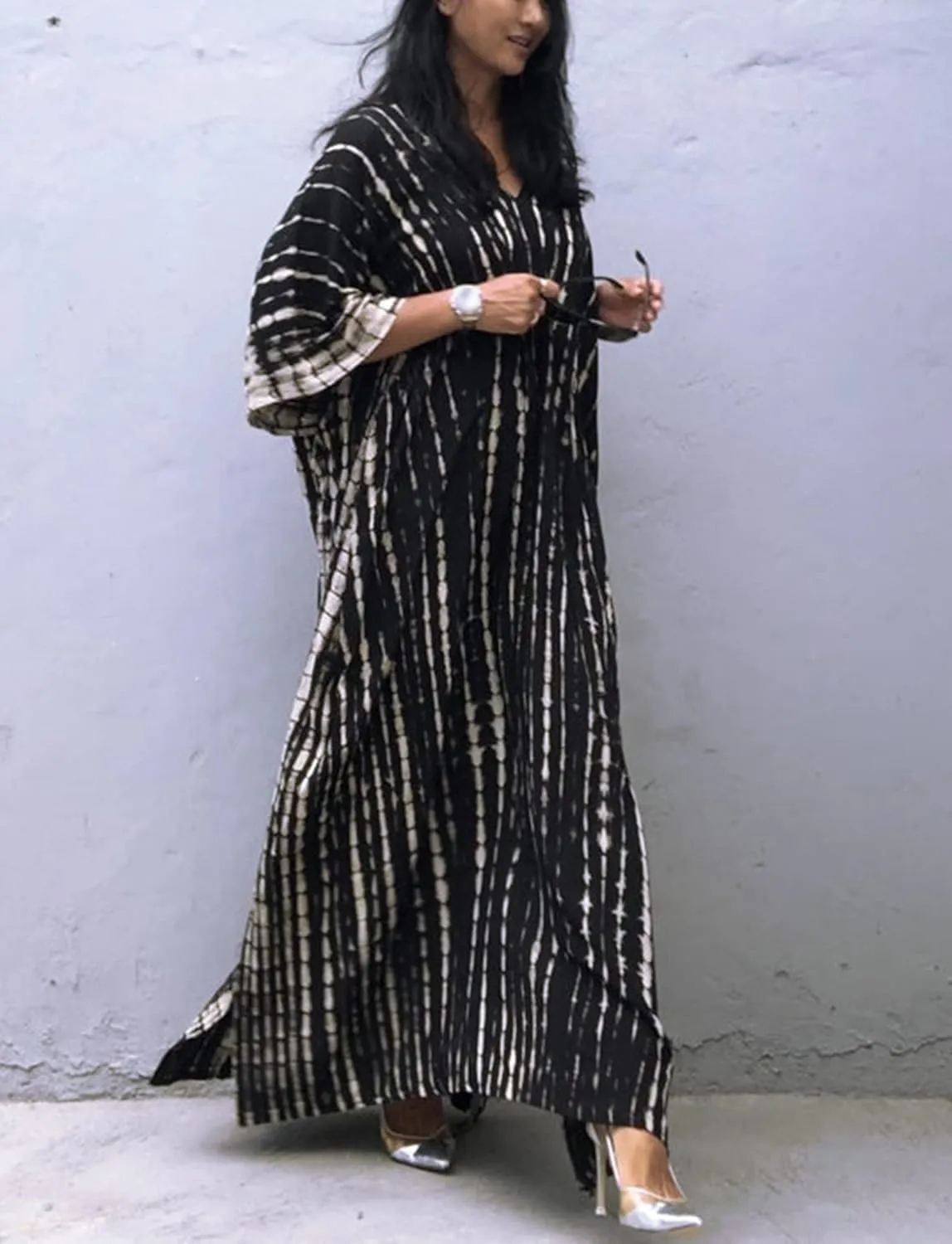FEOYA Women's Bohemian Swim Cover Ups Printed V-Neck Pullover Kaftan Dress Swimsuit with Slit