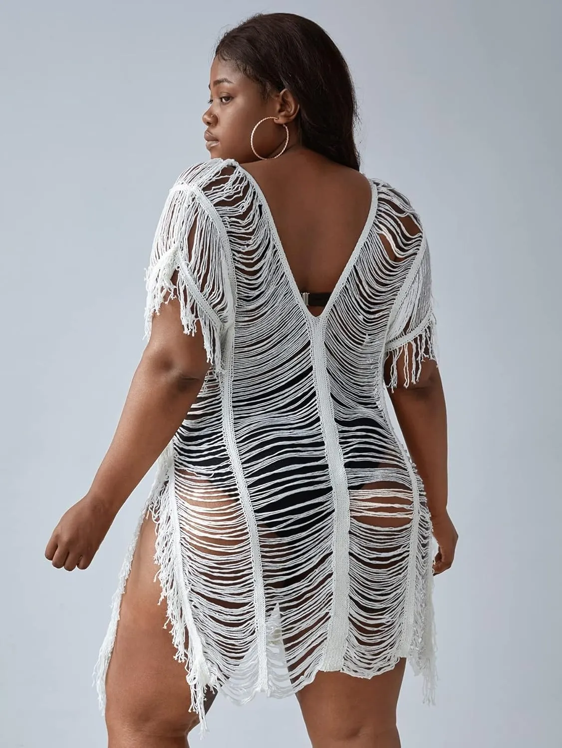 Floerns Women's Plus Size V Neck Fringe Trim Slit Hem Cover Up Swimwear