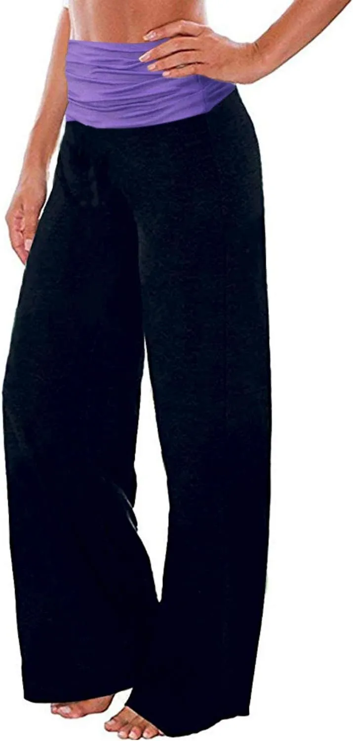 Gracyoga Women's Comfy Pajama Pants Wide Leg Lounge Palazzo Yoga Pants Stretch Casual Floral Print Fold Waist Pants
