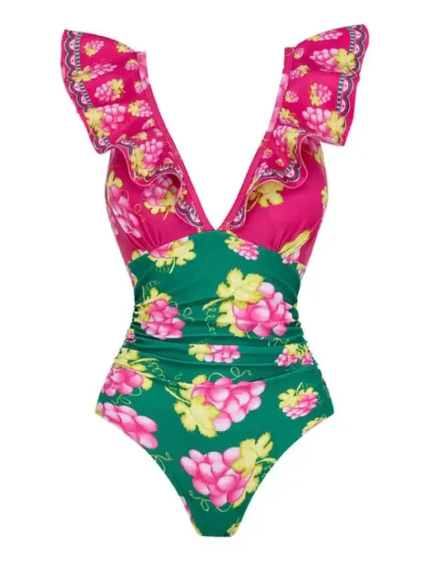 Green and fuchsia set of 2 swimsuit and short floral printed