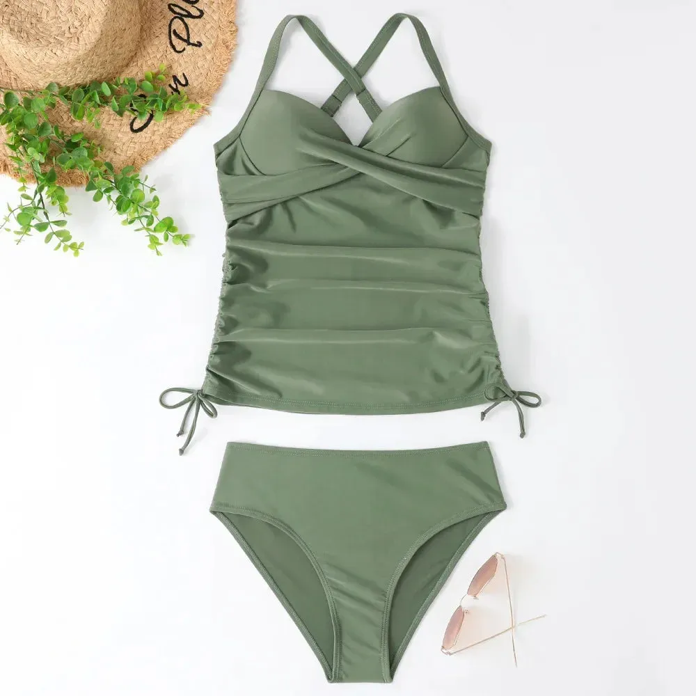Halter neck ruched High Waisted Tankini Sets
