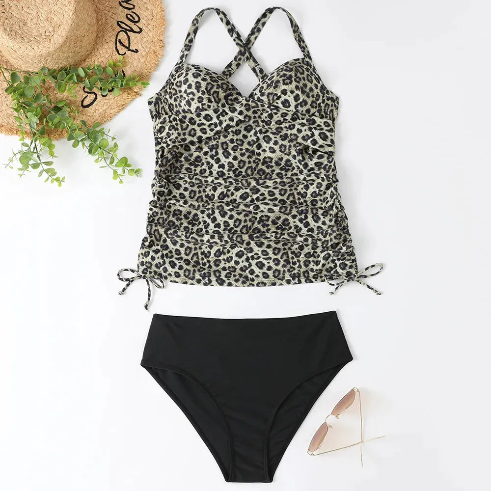 Halter neck ruched High Waisted Tankini Sets