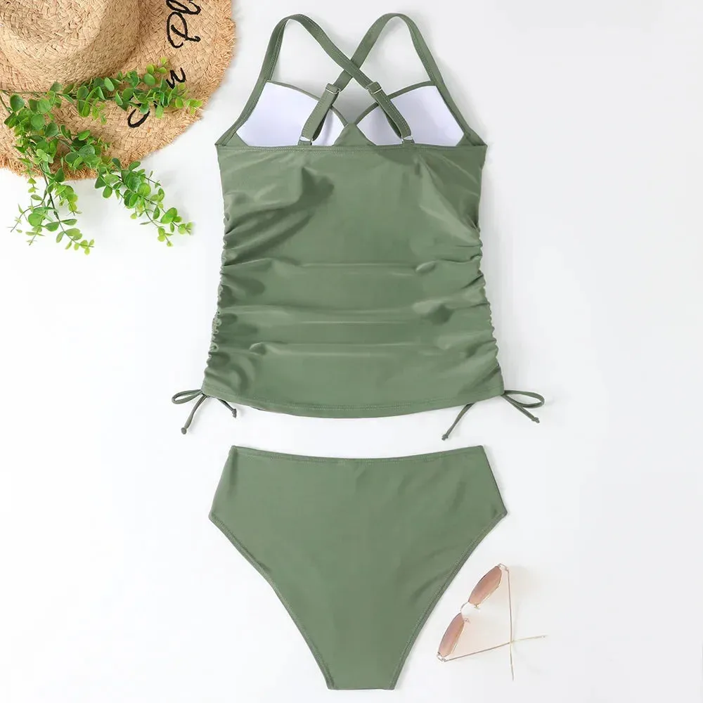 Halter neck ruched High Waisted Tankini Sets
