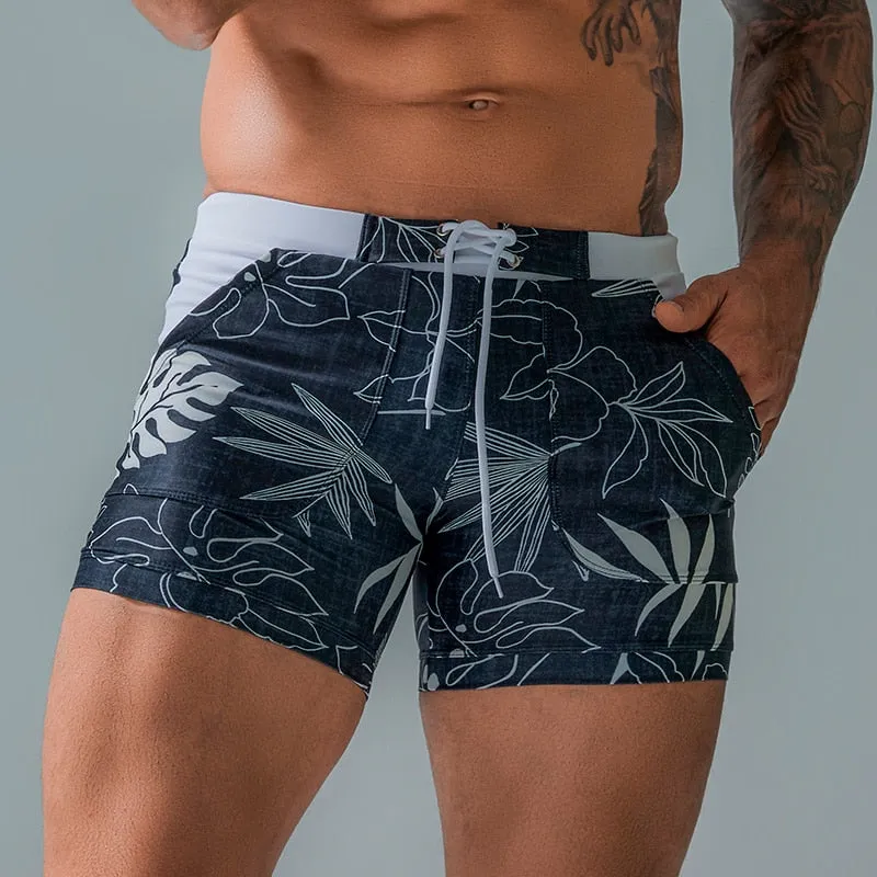 Heavywood Summer Men&#39;s Beach Swimming Trunks Drawstring Elastic Waist Swimsuit Shorts Man Plus Size Quick Drying Swimwear Shorts