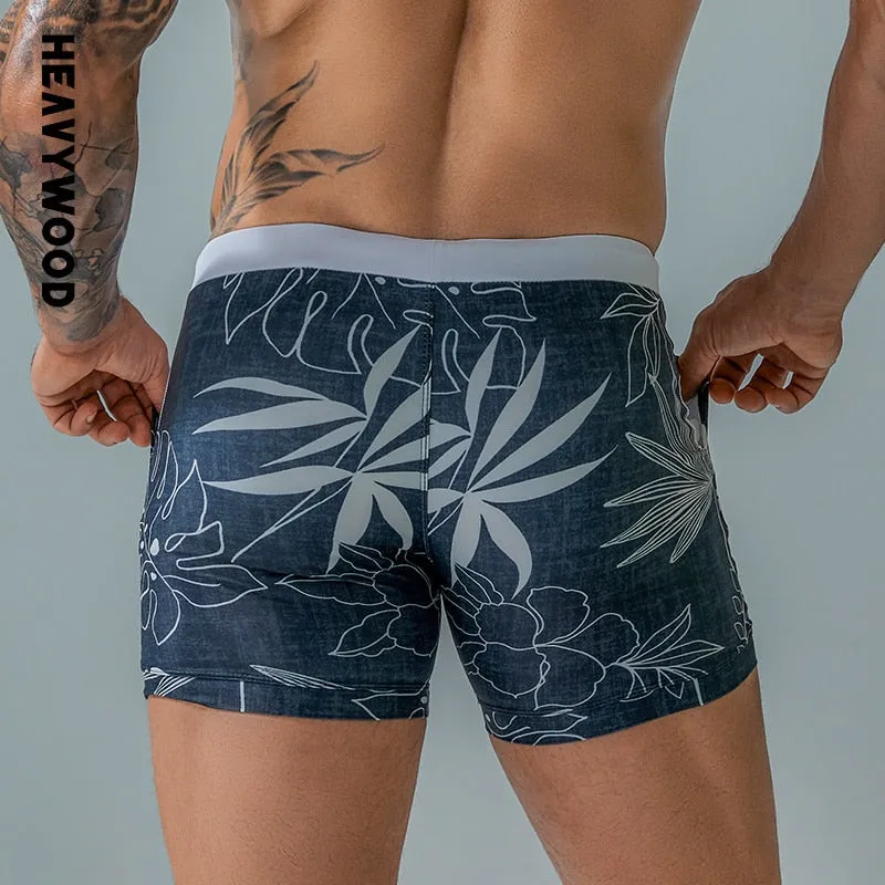 Heavywood Summer Men&#39;s Beach Swimming Trunks Drawstring Elastic Waist Swimsuit Shorts Man Plus Size Quick Drying Swimwear Shorts