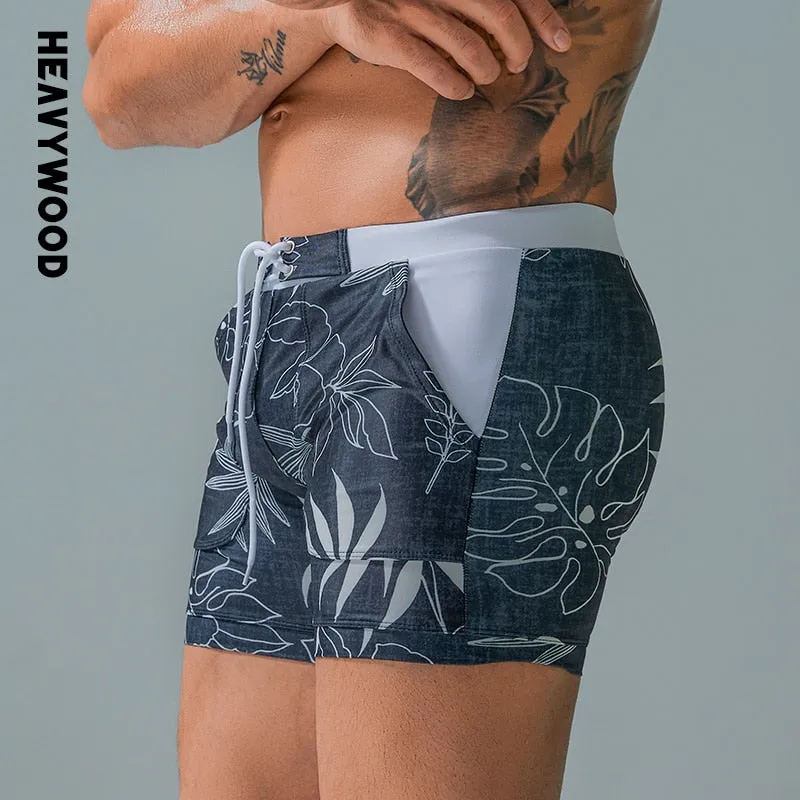 Heavywood Summer Men&#39;s Beach Swimming Trunks Drawstring Elastic Waist Swimsuit Shorts Man Plus Size Quick Drying Swimwear Shorts