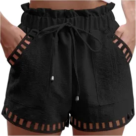 HGps8w Hollow Hem Linen Shorts for Women Summer Drawstring Paperbag Waist Comfy Loungwear Beach Shorts with Pockets