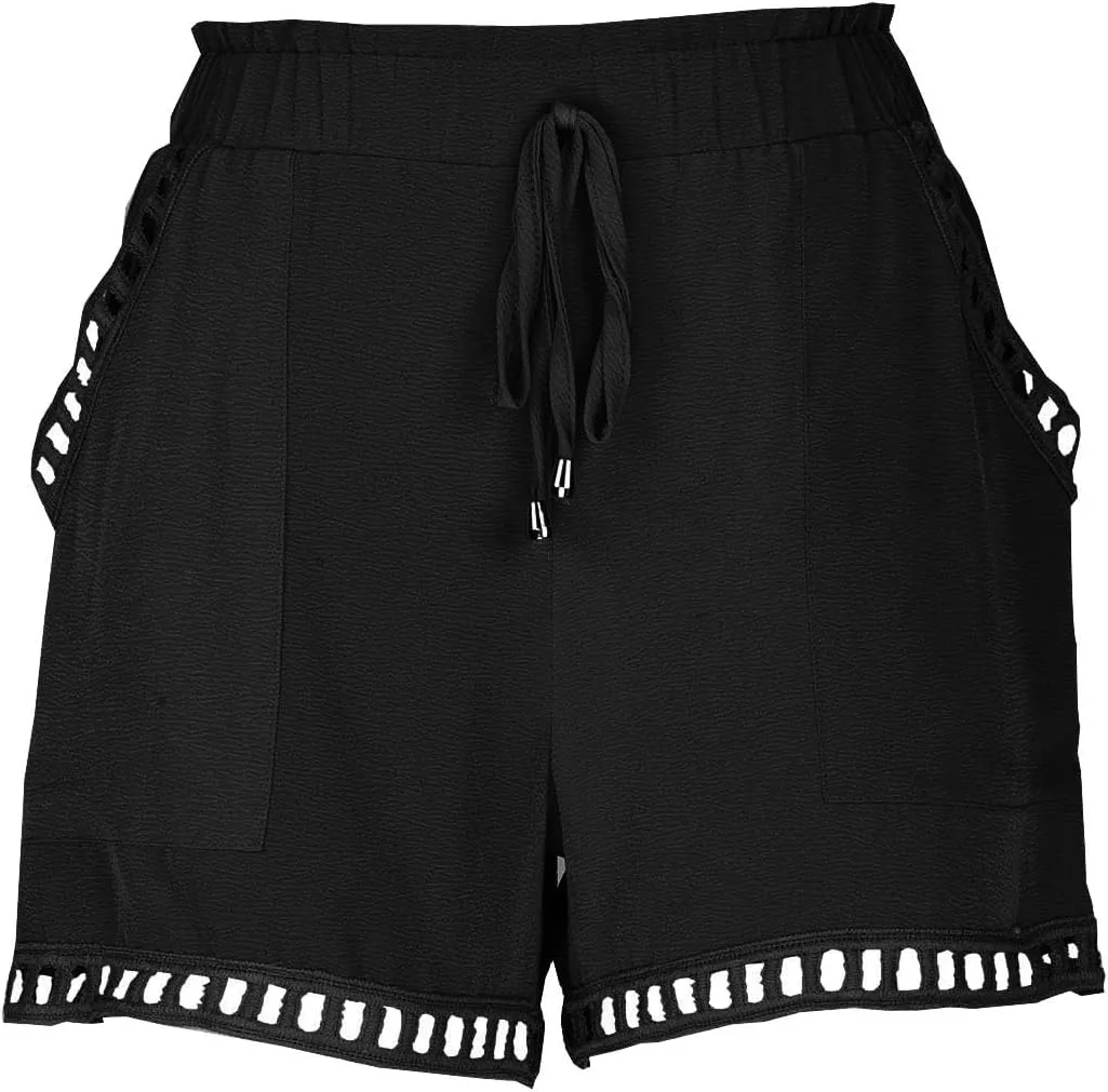 HGps8w Hollow Hem Linen Shorts for Women Summer Drawstring Paperbag Waist Comfy Loungwear Beach Shorts with Pockets