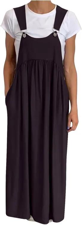 HGps8w Plus Size Cotton Linen Dresses for Women Summer Loose Adjustable Straps Suspender Pinafore Bib Maxi Dress with Pockets