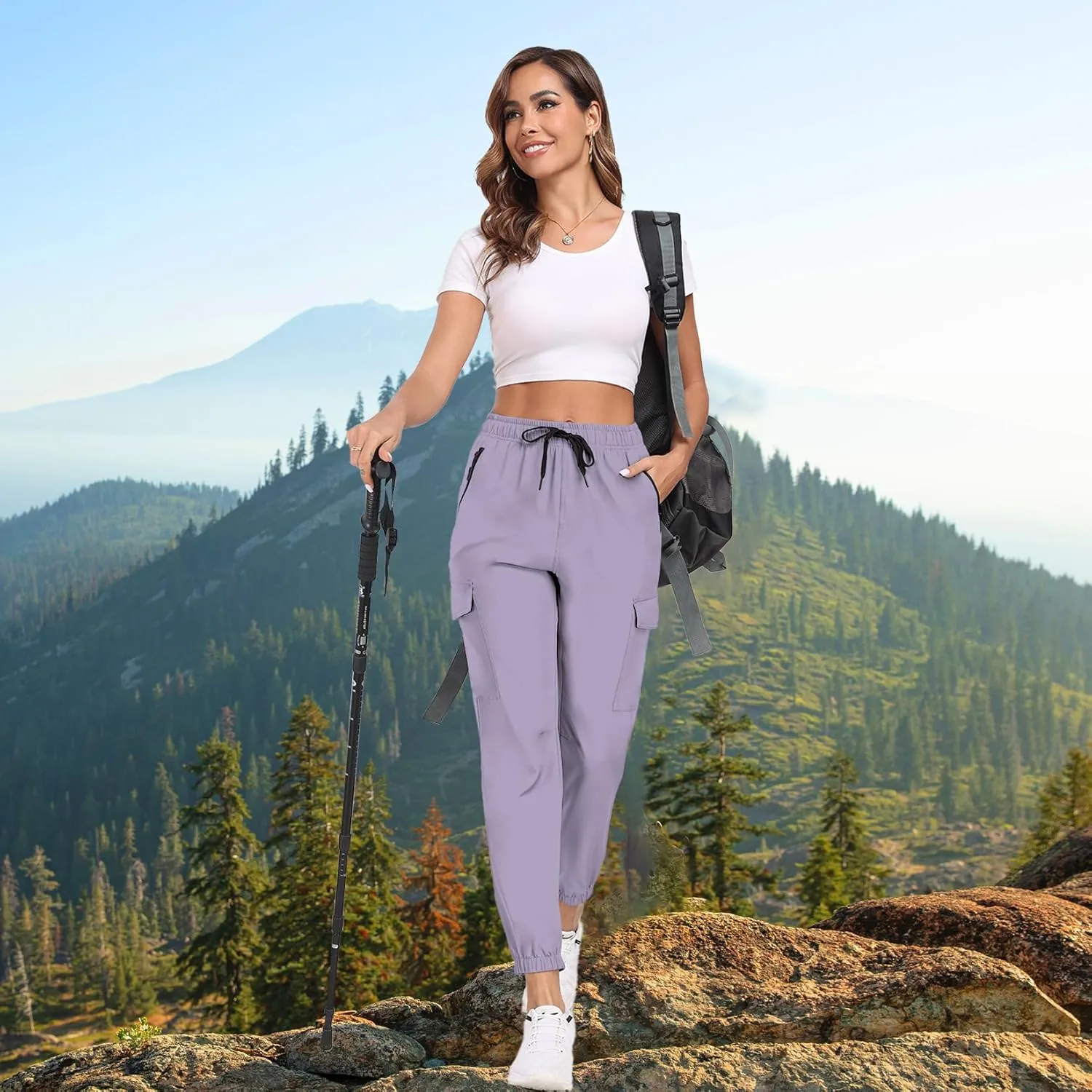 Hiking Pants for Women UPF 50  Cargo Quick Dry Water Resistant Elastic Waist Zip Pockets Travel Work Lightweight Running