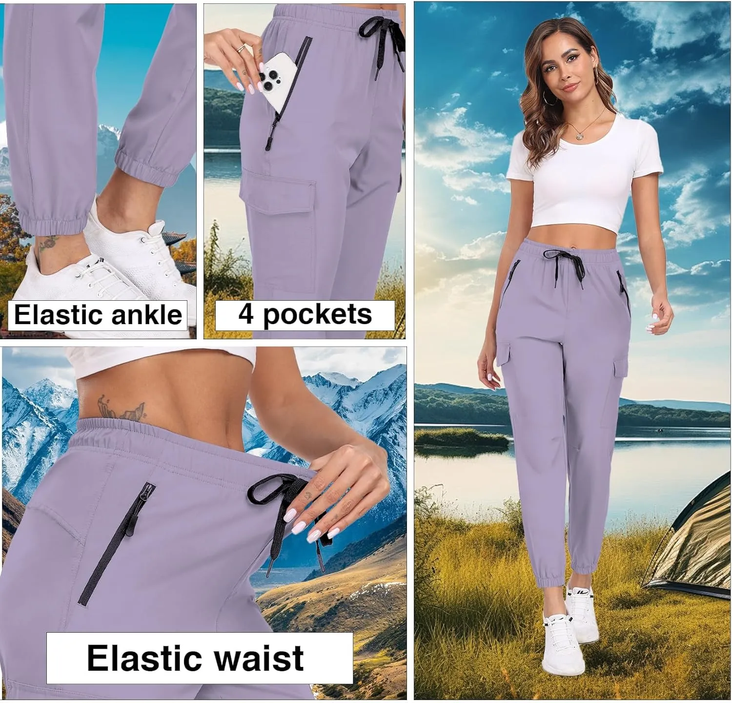 Hiking Pants for Women UPF 50  Cargo Quick Dry Water Resistant Elastic Waist Zip Pockets Travel Work Lightweight Running