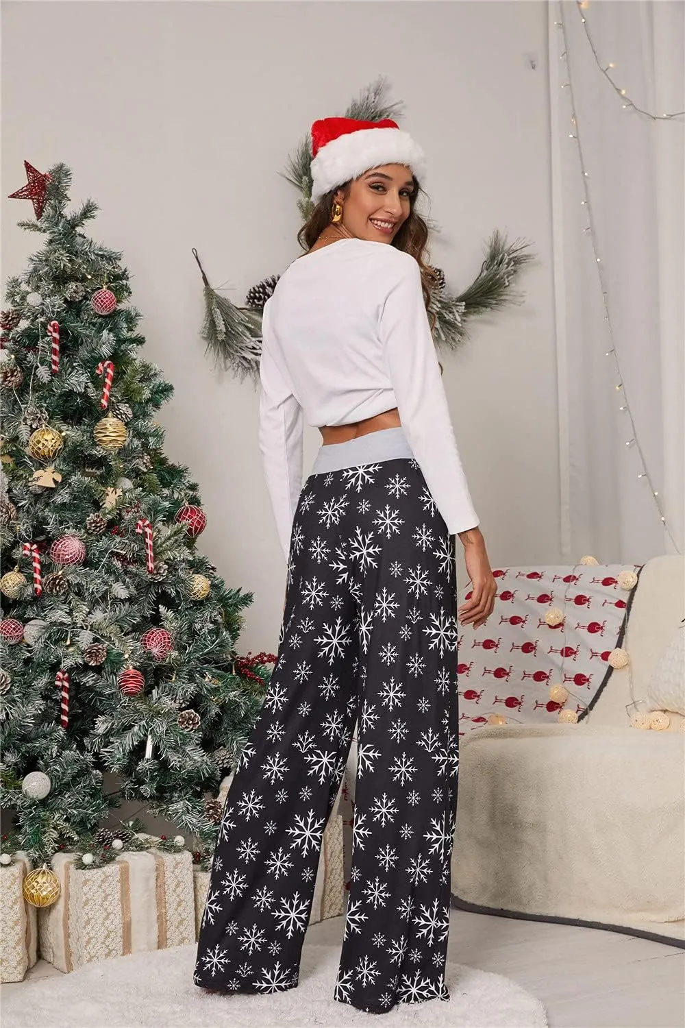 iChunhua Women's Comfy Stretch Floral Print Drawstring Palazzo Wide Leg Lounge Pant
