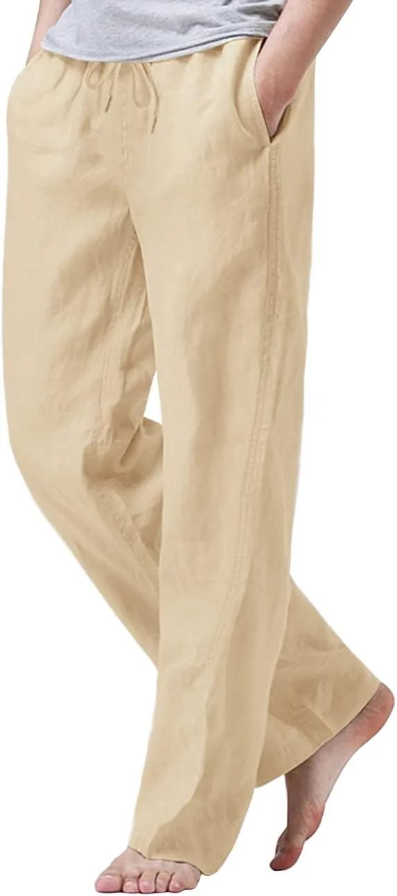 iWoo Linen Pants Men Casual 2025 Summer Beach Elastic Drawstring Waist Yoga Pants Travel Baggy Work Pant Pajama