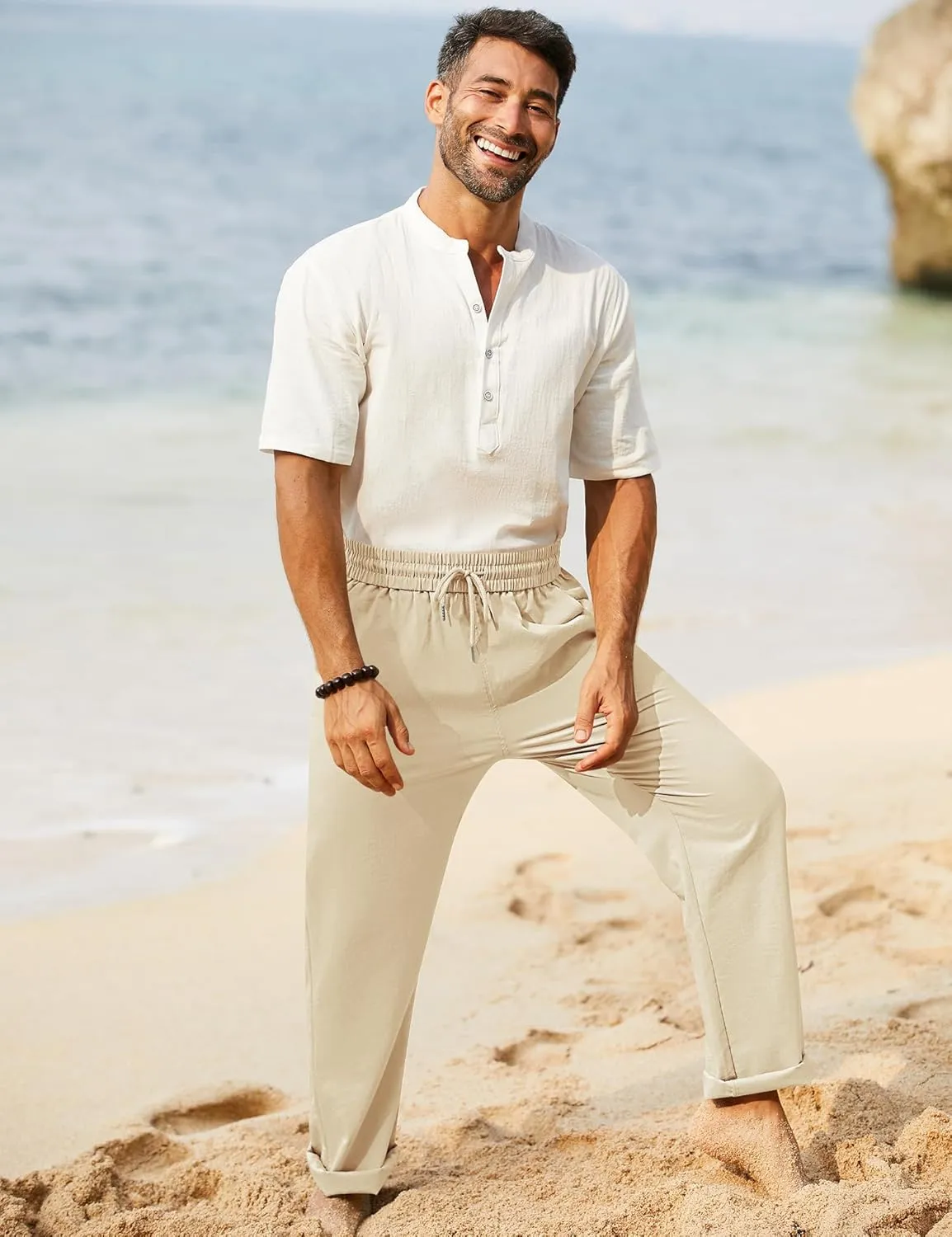 iWoo Linen Pants Men Casual 2025 Summer Beach Elastic Drawstring Waist Yoga Pants Travel Baggy Work Pant Pajama