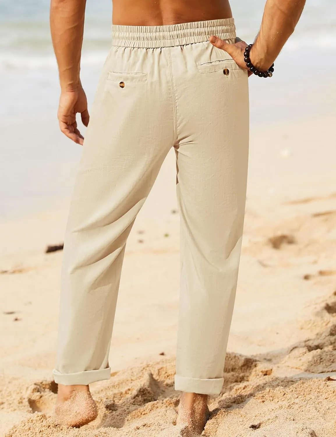 iWoo Linen Pants Men Casual 2025 Summer Beach Elastic Drawstring Waist Yoga Pants Travel Baggy Work Pant Pajama