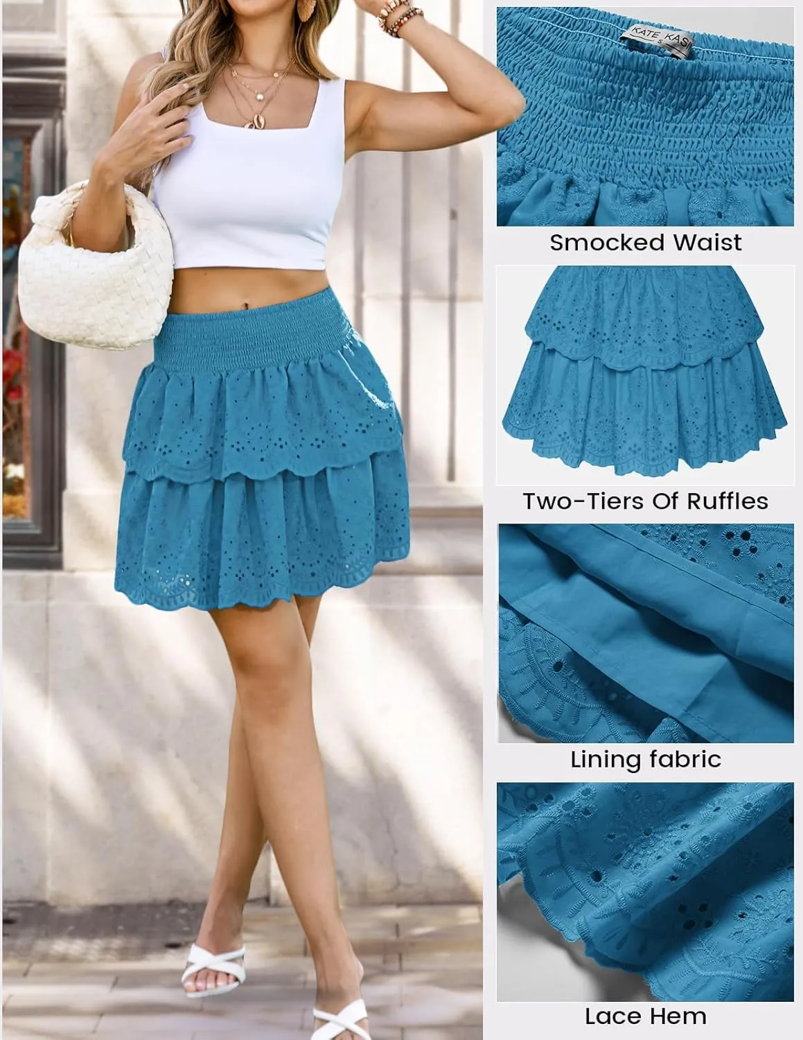 Kate Kasin Pleated Mini Skirt for Women High Waist Flowy Ruffle Layered Flared Y2K Teen Spring Summer Short A Line Skirts