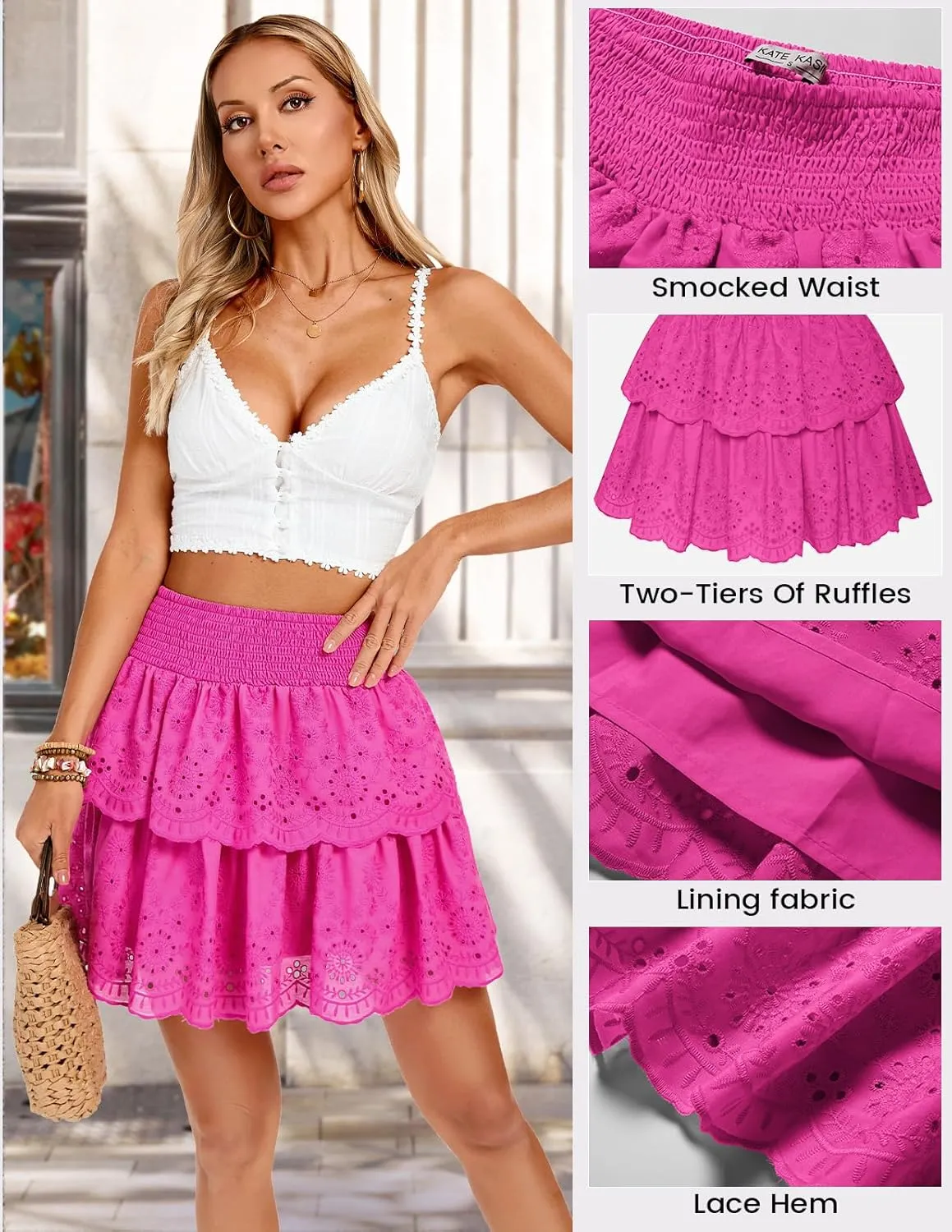 Kate Kasin Pleated Mini Skirt for Women High Waist Flowy Ruffle Layered Flared Y2K Teen Spring Summer Short A Line Skirts