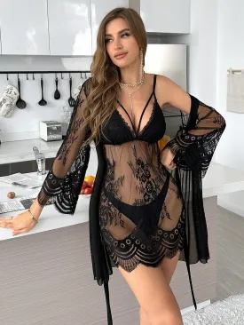 Ladies' Sexy Lace & Mesh Perspective Robe And Strap Dress Set