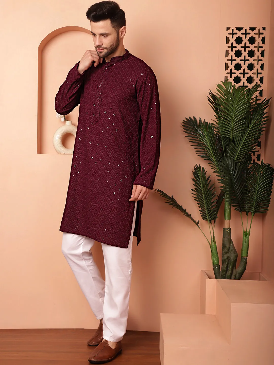 Men'S Purple Embroidered And Sequence Kurta With Pyjama