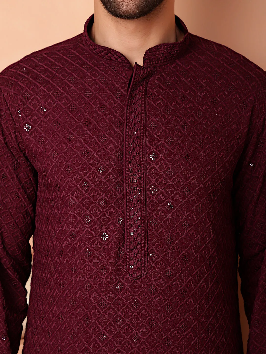 Men'S Purple Embroidered And Sequence Kurta With Pyjama