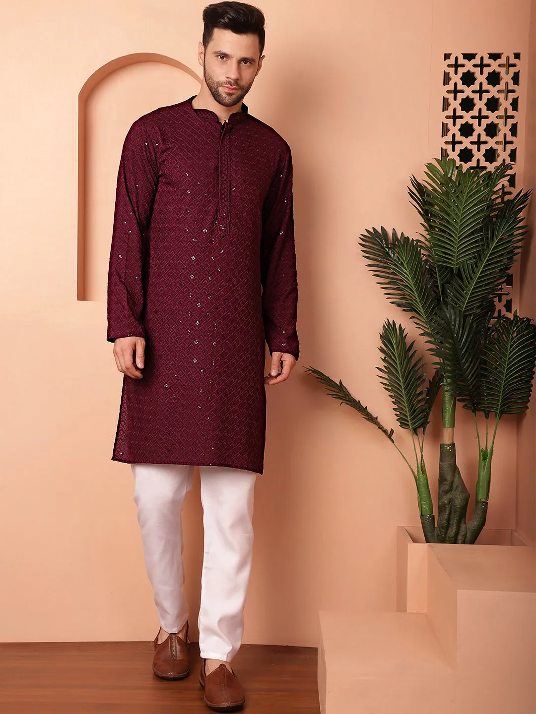 Men'S Purple Embroidered And Sequence Kurta With Pyjama