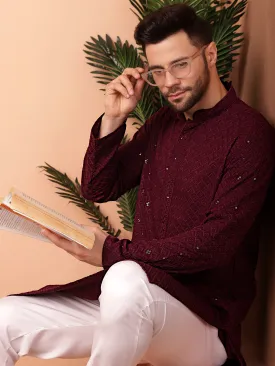 Men'S Purple Embroidered And Sequence Kurta With Pyjama