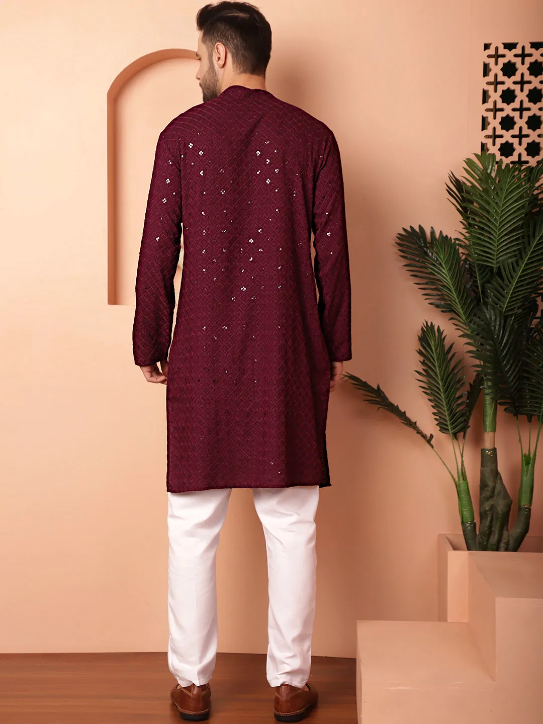 Men'S Purple Embroidered And Sequence Kurta With Pyjama