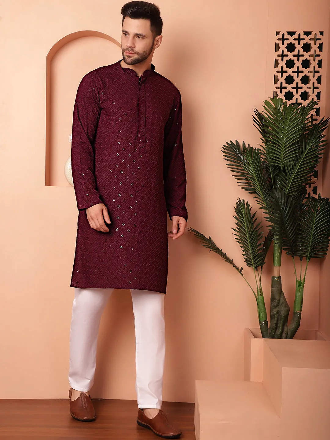 Men'S Purple Embroidered And Sequence Kurta With Pyjama