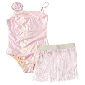 METALLIC ROSE ONE PIECE SWIMSUIT W/ FRINGE SKIRT SET