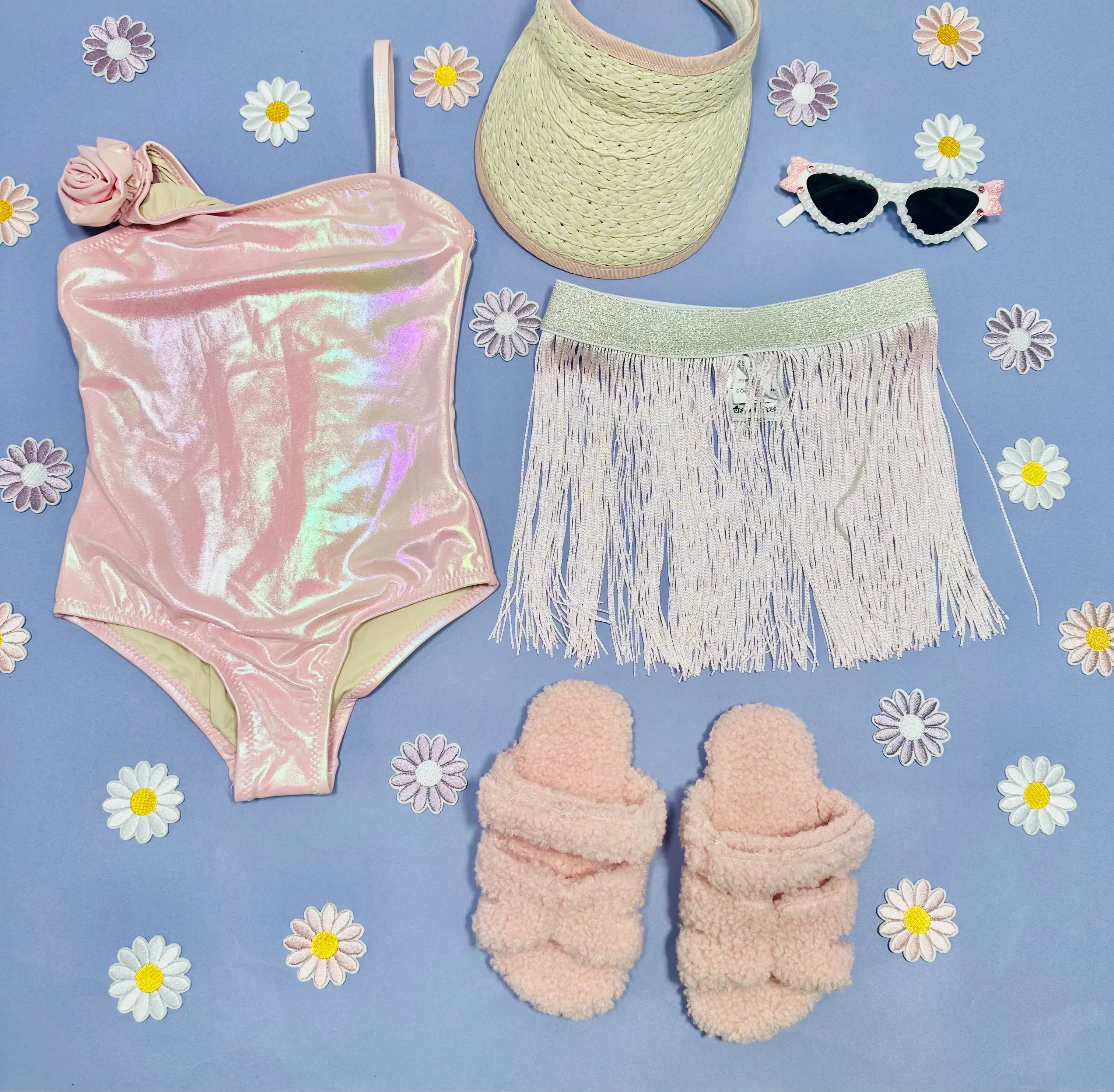 METALLIC ROSE ONE PIECE SWIMSUIT W/ FRINGE SKIRT SET