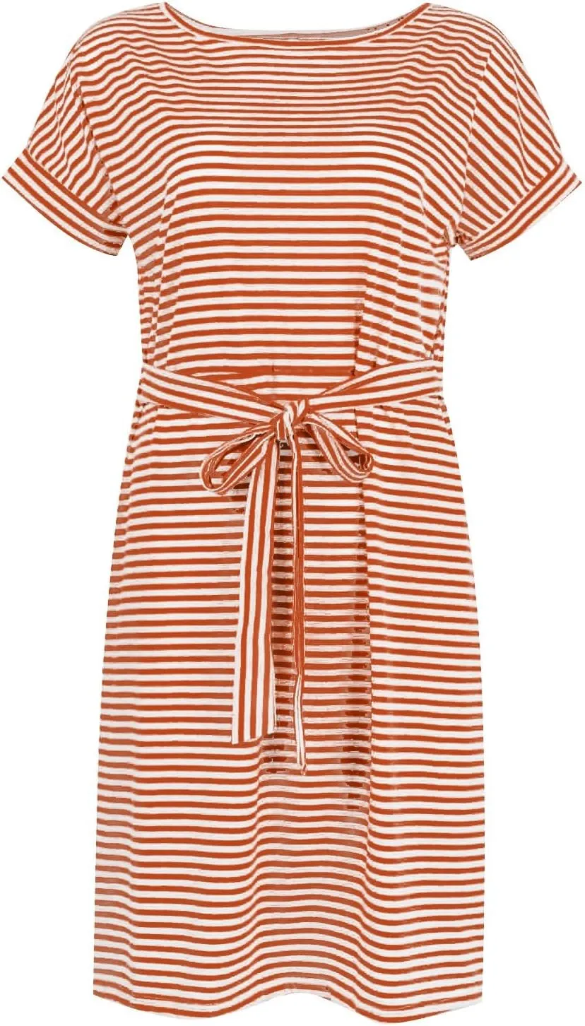 midelxp T Shirt Dresses for Women 2024 Trendy Tie Waist Striped Dress with Pockets Casual Crewneck Short Sleeve Midi Dress