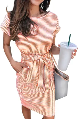 midelxp T Shirt Dresses for Women 2024 Trendy Tie Waist Striped Dress with Pockets Casual Crewneck Short Sleeve Midi Dress