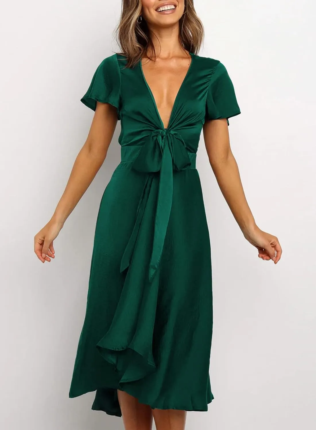 miduo Womens Satin V Neck Ruffle Short Sleeve Tie Front High Waist Midi A-Line Maxi Dresses