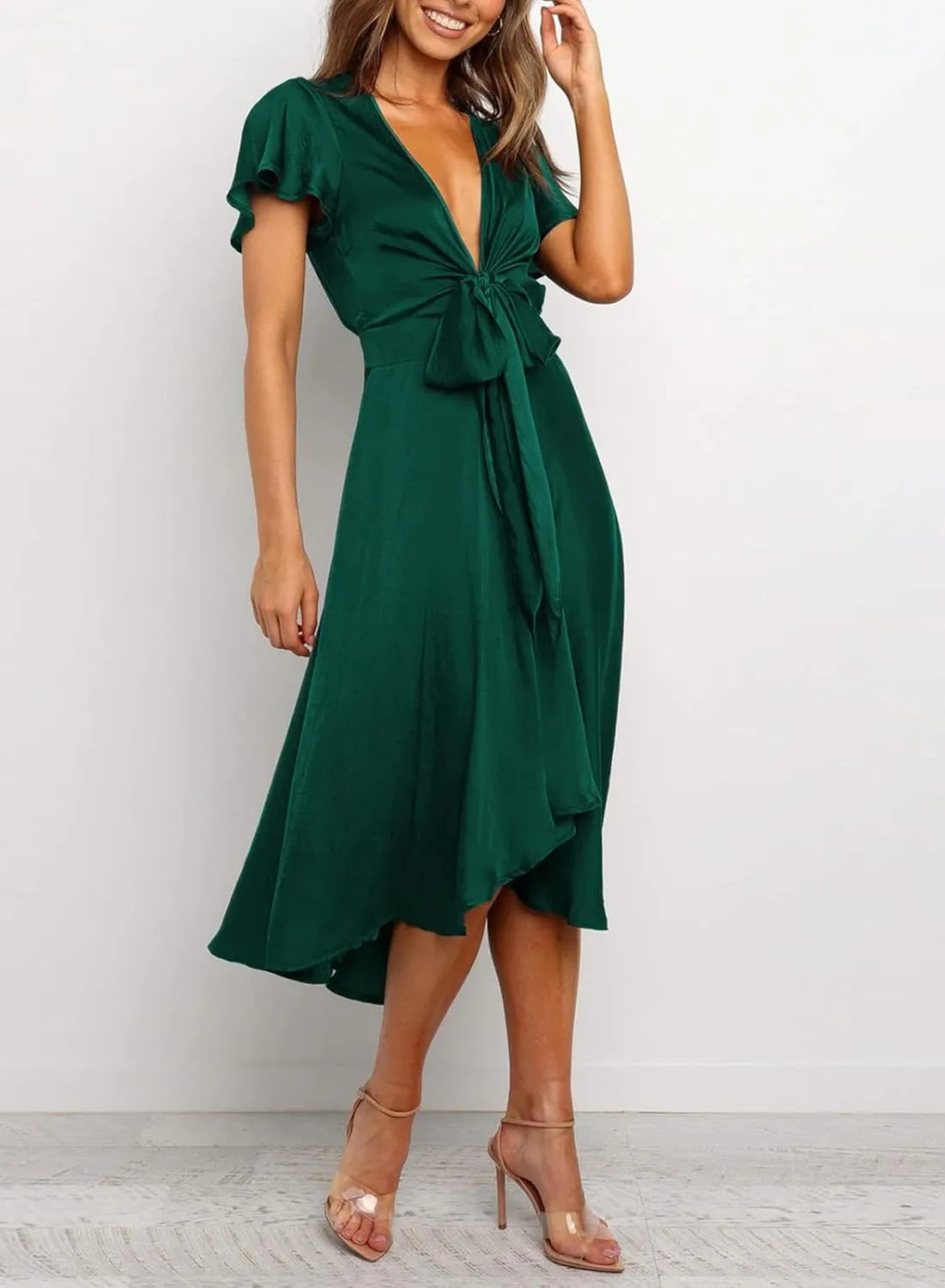 miduo Womens Satin V Neck Ruffle Short Sleeve Tie Front High Waist Midi A-Line Maxi Dresses