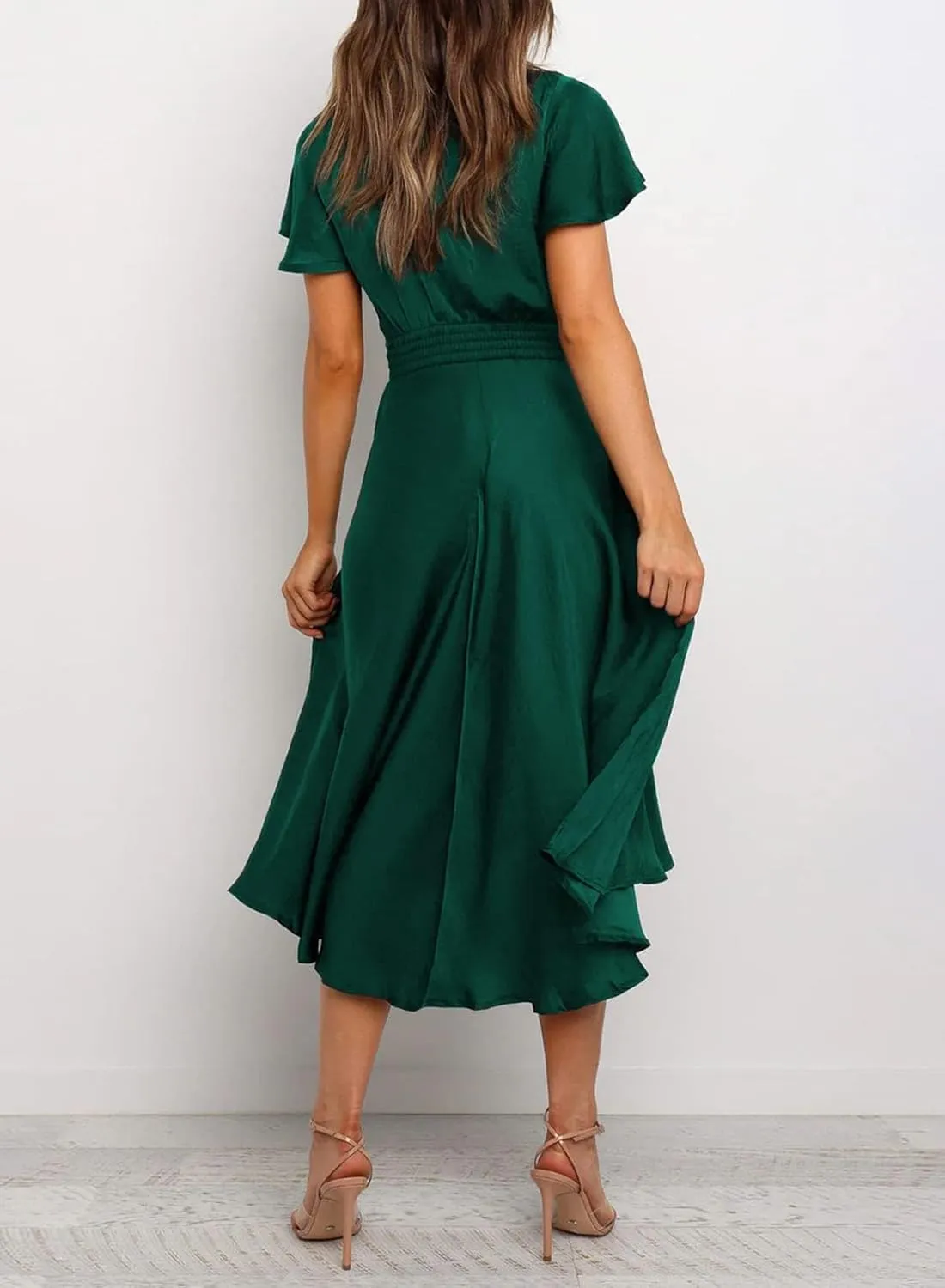 miduo Womens Satin V Neck Ruffle Short Sleeve Tie Front High Waist Midi A-Line Maxi Dresses