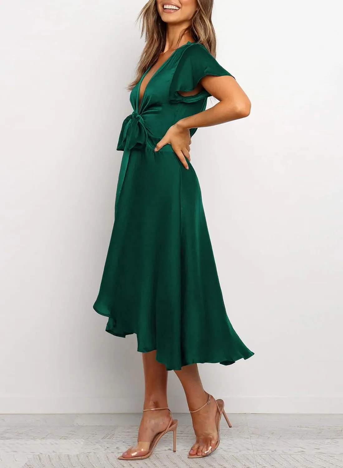 miduo Womens Satin V Neck Ruffle Short Sleeve Tie Front High Waist Midi A-Line Maxi Dresses